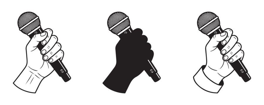 Hand holding wireless microphone set with line art and silhouette styles for podcast and vocal performance.
