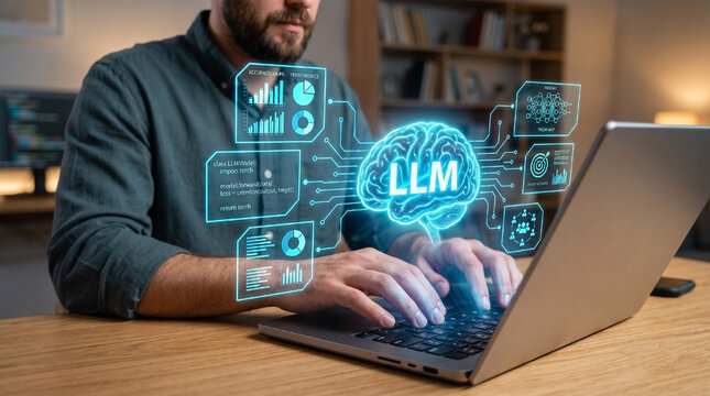 Software developer working on laptop with holographic LLM large language model interface and AI neural network data analytics.