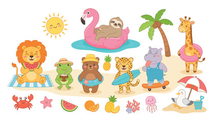 Fototapeta premium Cute summer animals vector set featuring cartoon safari wildlife enjoying beach vacation activities isolated on white background