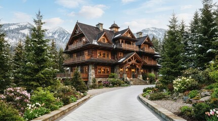 Fototapeta premium Multistory wooden chalet with winding pale driveway and flowering garden among conifers