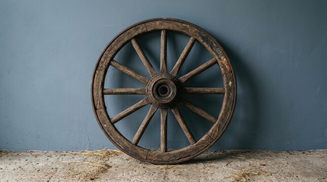 Antique weathered wooden wagon wheel resting against a rustic blue wall on concrete ground floor surface