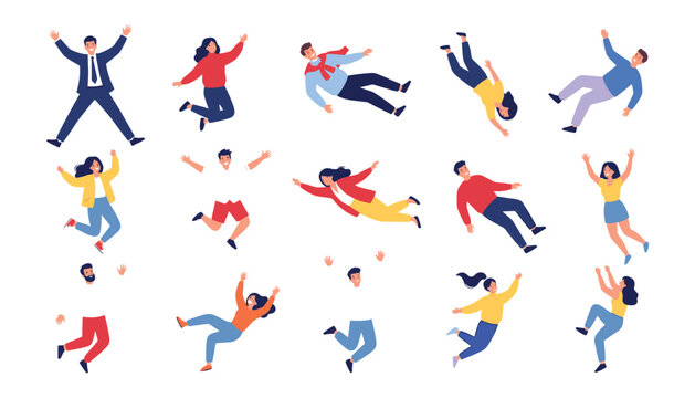 Floating people vector set featuring happy cartoon characters jumping flying and falling isolated on white background