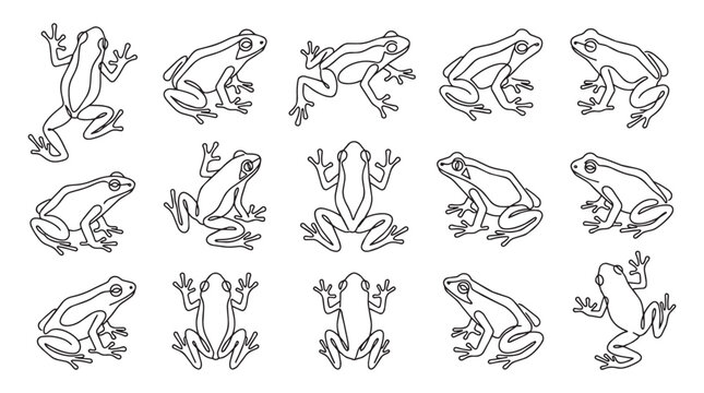 Continuous one line vector illustration set of poison dart frog silhouettes isolated on white