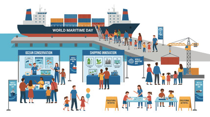 Fototapeta premium World Maritime Day Celebration: People, Cargo Ship, Exhibition Booths, Ocean Conservation, Shipping Innovation