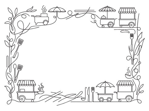 Minimalist continuous one line vector frame featuring street food carts market stalls and kitchen utensils with central copy space on white background.