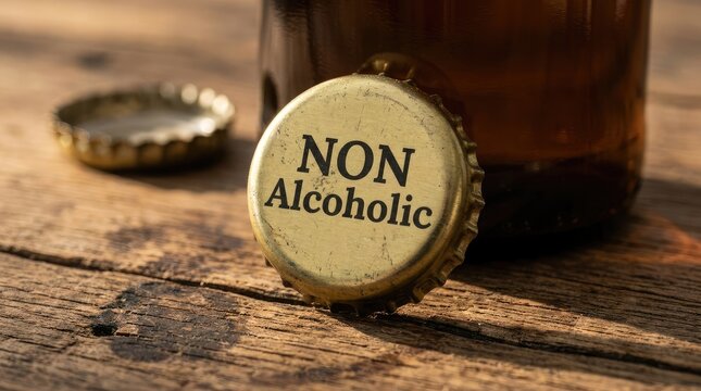 Golden beer bottle cap with non alcoholic text resting on a rustic dark wooden surface