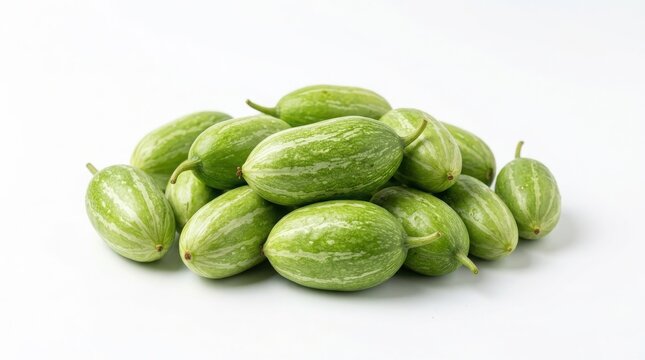 Pile of fresh green ivy gourd vegetables isolated on white background with coccinia grandis small cucumber green vegetable raw vegetable organic produce culinary ingredient tropical vegetab