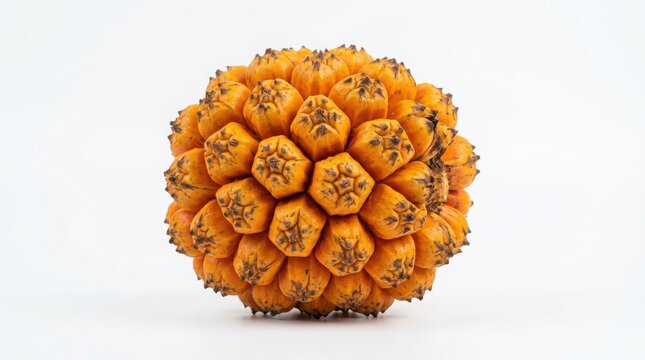 Round yellow tropical pandanus fruit against a plain white background with exotic fruit tropical flora botanical specimen nature background food photography isolated fruit tropical plant