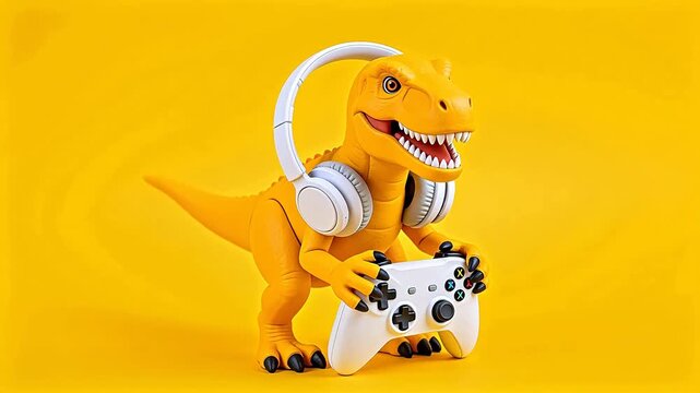 Yellow dinosaur toy wearing headphones holding white game controller on yellow background