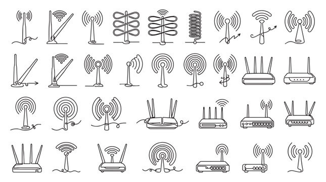 One-line router antenna and wireless signal transmitter vector icon set. Minimalist black and white networking hardware illustrations.
