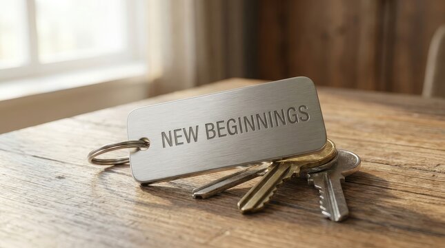 Metal keychain with new beginnings engraving resting on a weathered rustic wooden table indoors background