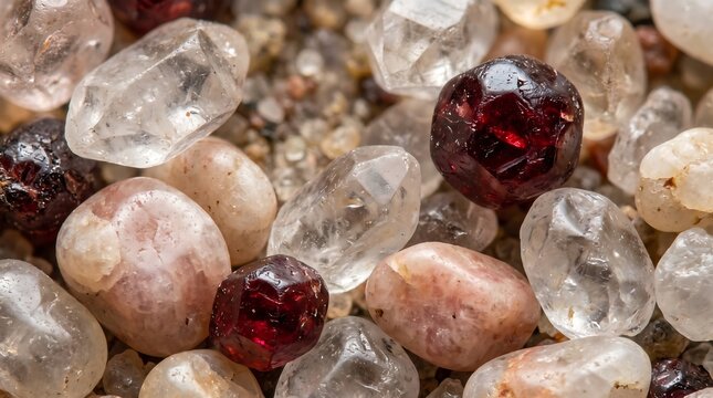 Macro view of dark red garnet gems mixed with clear quartz crystals on sandy river gravel.