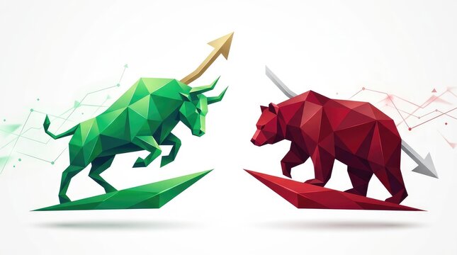 Geometric green bull and red bear fighting over stock market trends in bright studio lighting setup