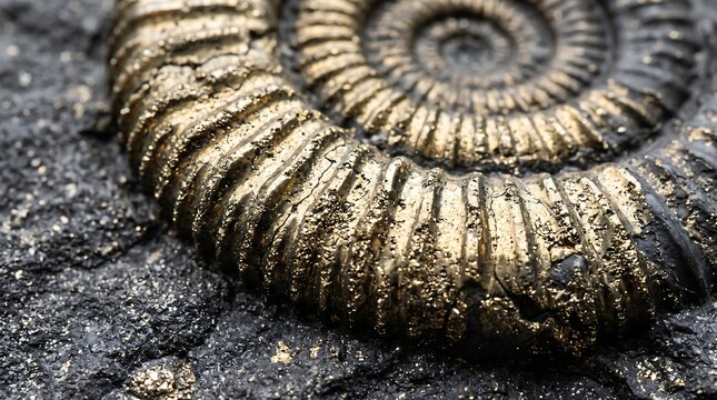 Pyrite ammonite fossil with golden metallic luster embedded in dark coal mineral matrix.