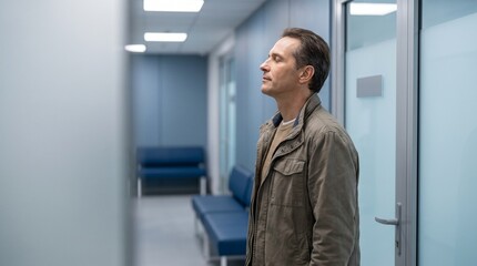 Fototapeta premium Man with eyes closed breathing deeply in a modern medical waiting room