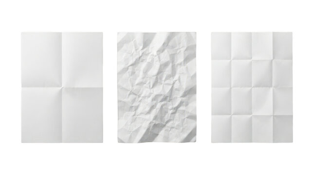 Set of three white paper sheets with different folding and crumpling textures isolated on transparent background
