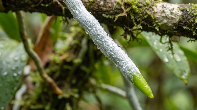White orchid root covered in water droplets hangs from mossy branch in a tropical rainforest.