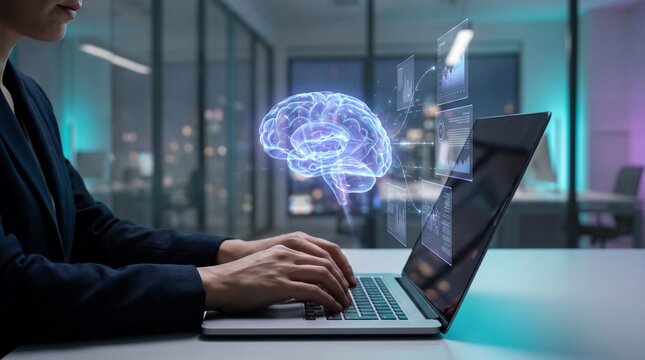 Professional working late on laptop with glowing artificial intelligence brain structure and data charts