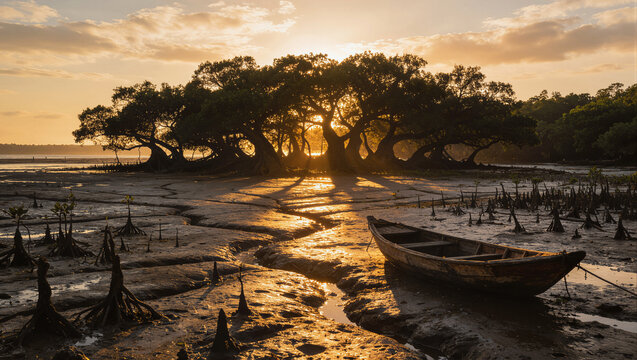 Mangrove tree with young saplings on tidal mudflat at sunset with wooden boat