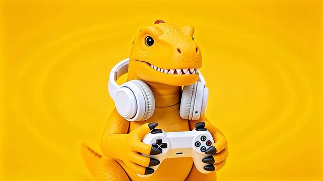 Yellow cartoon dinosaur toy wearing headphones holding white game controller on yellow background