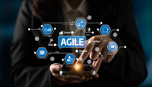 This image depicts a modern workspace showcasing the agile framework and scrum methodology, emphasizing digital transformation and risk management in business solutions. Tessel