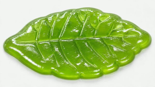 melting Green leaf shaped gelatin candy isolated on white background macro shot