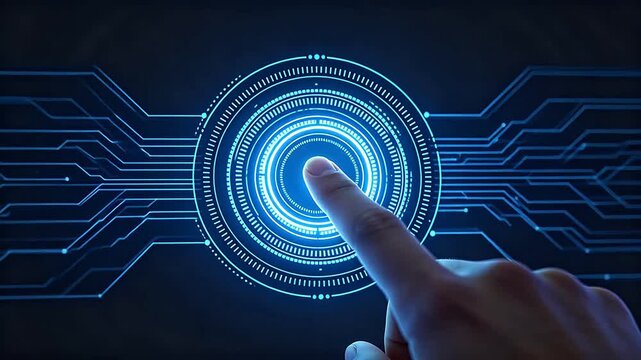 Hand touching glowing blue circular interface with circuit lines