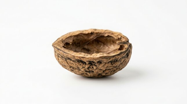 Empty brown walnut shell half isolated on a white background with brown nut raw ingredient organic food isolated object rustic food dried nut shell fragment textured surface brown materia