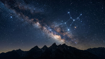 Fototapeta premium Milky Way galaxy and constellation over mountain peaks at night