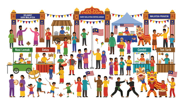 Malaysian Hari Merdeka Festival Celebration with Traditional Food Stalls and People