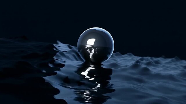 Reflective sphere remains centered on dark liquid surface as gentle ripples spread outward and build into textured waves, with bright highlights mirrored across glossy black water