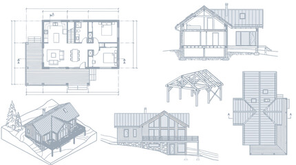 Fototapeta premium Architectural blueprints and renderings of a modern wooden house design.