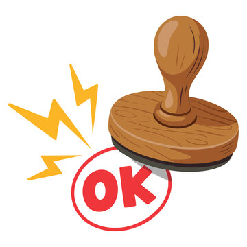 Cute OK seal with stamper illustration suitable for certification office approval concepts and cartoon artwork designs