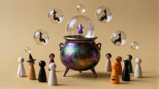 Halloween scene with witch, pumpkins, and ghosts in bubbles around a magical cauldron.