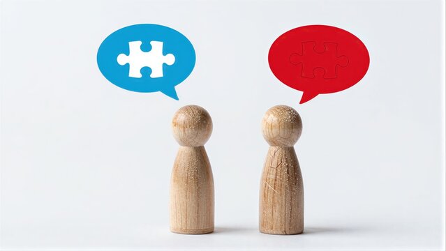 Two wooden figures converse, one with a puzzle piece symbolizing solutions.