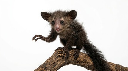Fototapeta premium Small aye-aye lemur with large ears sitting on a wooden branch against a white background rare animal nocturnal animal exotic animal rare species rainforest animal wild creature bushy tail