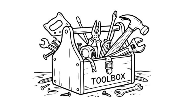 A black and white line art illustration of a toolbox overflowing with various tools, nails, and screws.