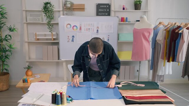 Caucasian young woman working as fashion designer in tailor studio. 