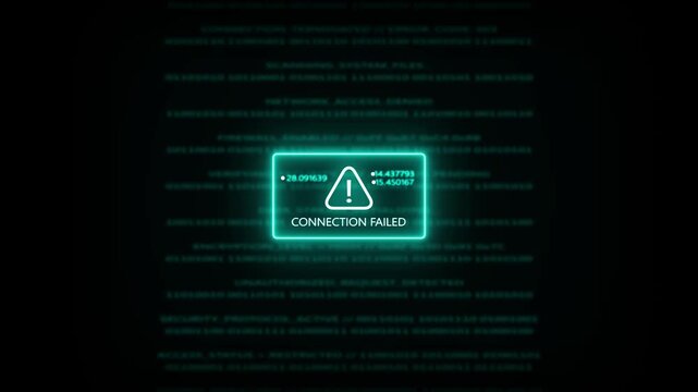 Glowing cyan neon interface a digital error message indicating connection failure with an exclamation mark warning symbol and binary code background on a dark screen