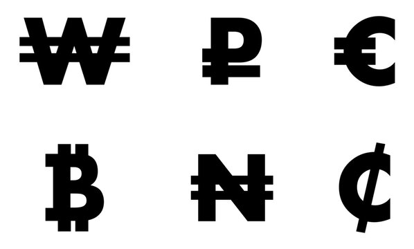 Set of black world currency symbol icons including Won, Ruble, Euro, Bitcoin, Naira, and Cedi.