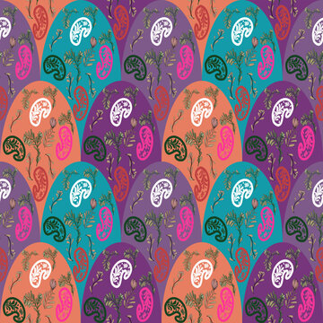 Elegant four corner alternate dome layout decorated with traditional colorful paisley teardrops and organic botanical branch textures.