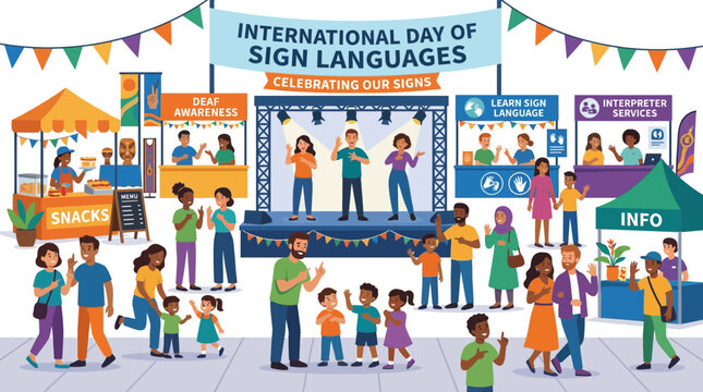 International Day of Sign Languages Celebration with Diverse People and Booths