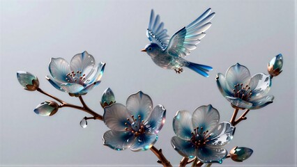 Obraz premium Blue bird flies above delicate, translucent blue flowers with dewdrops hanging.