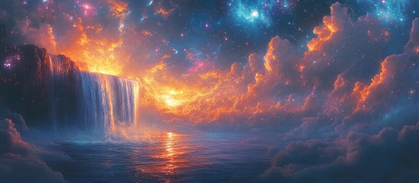 Surreal fantasy waterfall landscape with glowing sunset and celestial clouds.