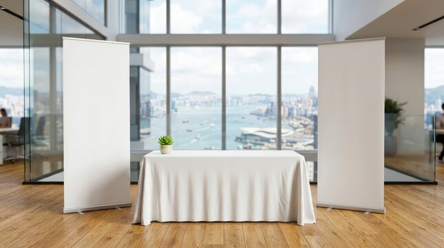 Blank white trade show banners standing beside a table with a small plant in office