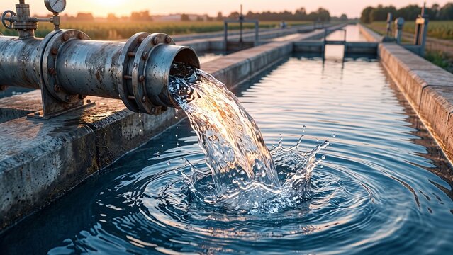 Water pipe in water field, discharge. Clear Water flowing from a pipe, closeup.