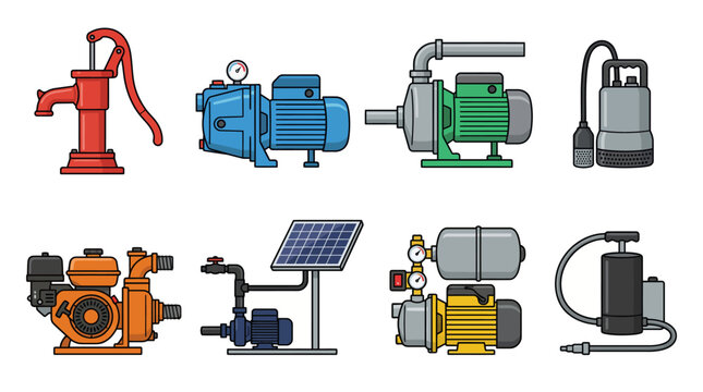 Set of eight water pump vector icons including hand pump electric submersible solar powered and pressure booster pumps