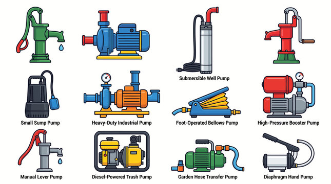Water pump equipment collection featuring manual, industrial, submersible, booster, sump, and transfer pump illustrations