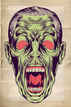 Retro vintage ink Halloween illustration of a zombie face, blacklight poster on textured antiqued background woodcut, haunted house jump scare pulp fiction style