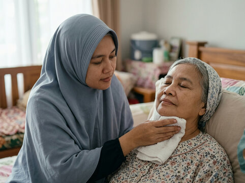 Caring young Muslim daughter in hijab wiping her sick elderly mother's face with a towel in a bedroom setting, concept of home caregiving.
